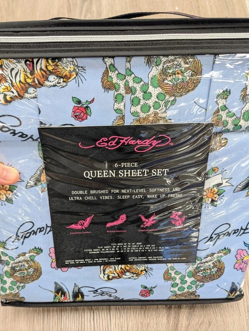 New 6pc Ed Hardy Blue Lucky Lion Queen Sheet Set with Tattoo Art Tiger